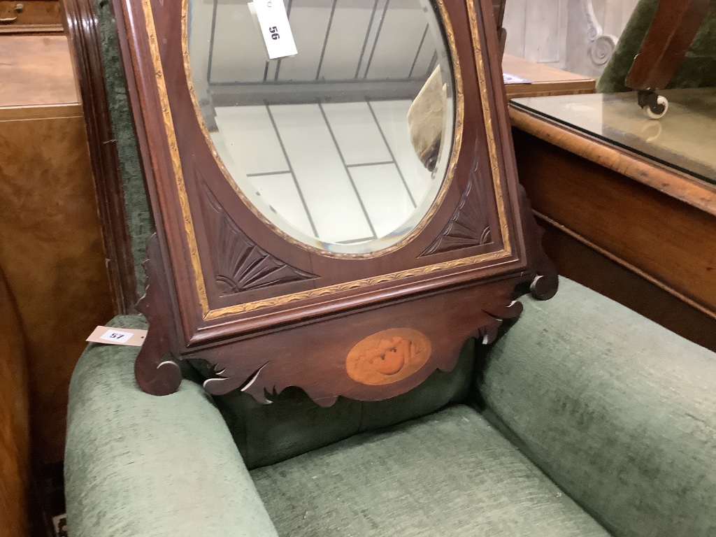 A George III style inlaid parcel gilt mahogany fret cut wall mirror, width 60cm, height 84cm